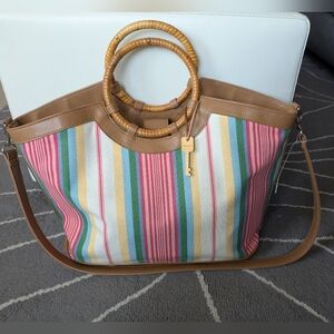 Fossil Striped Canvas Satchel With Round Wicker And Bamboo Handles
